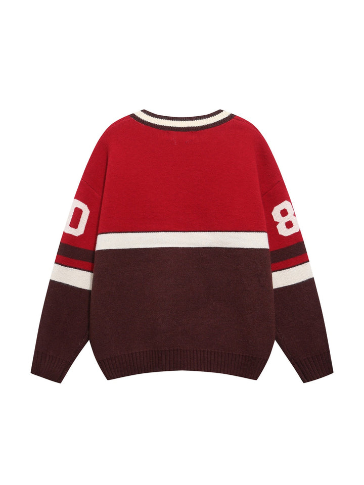 Christmas Retro Color Matching Letter Embroidery V-neck Sweater