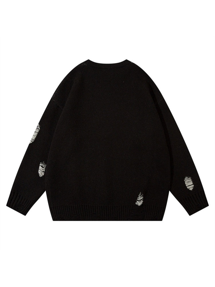 Retro Character Pattern Loose And Casual Destroyed Sweater