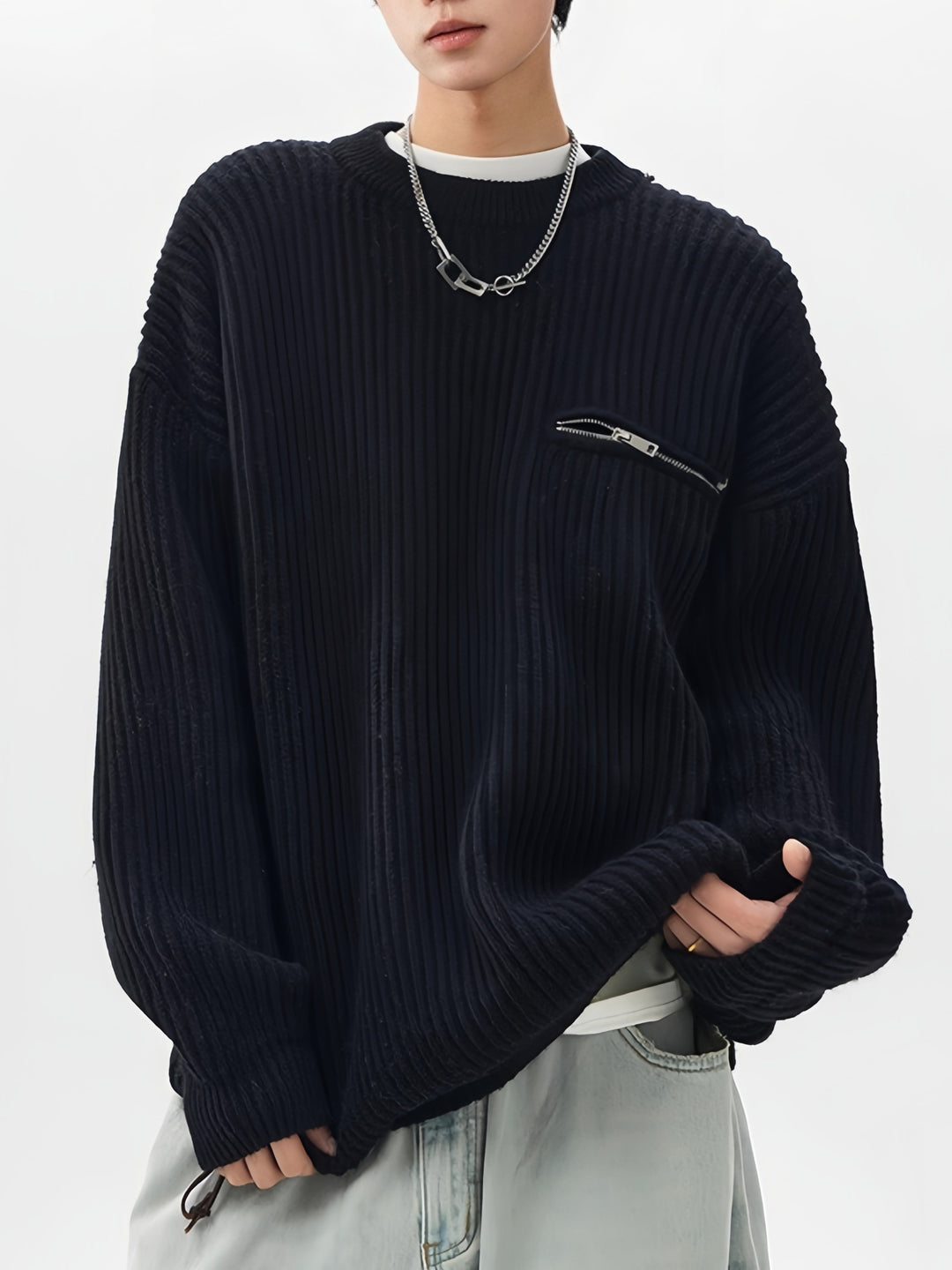 Zippered Pockets Thickening Crew Neck Sweater