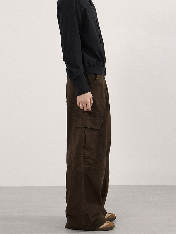 Retro Vintage Multiple Pockets Splicing Pleated Wide-leg Cargo Trousers