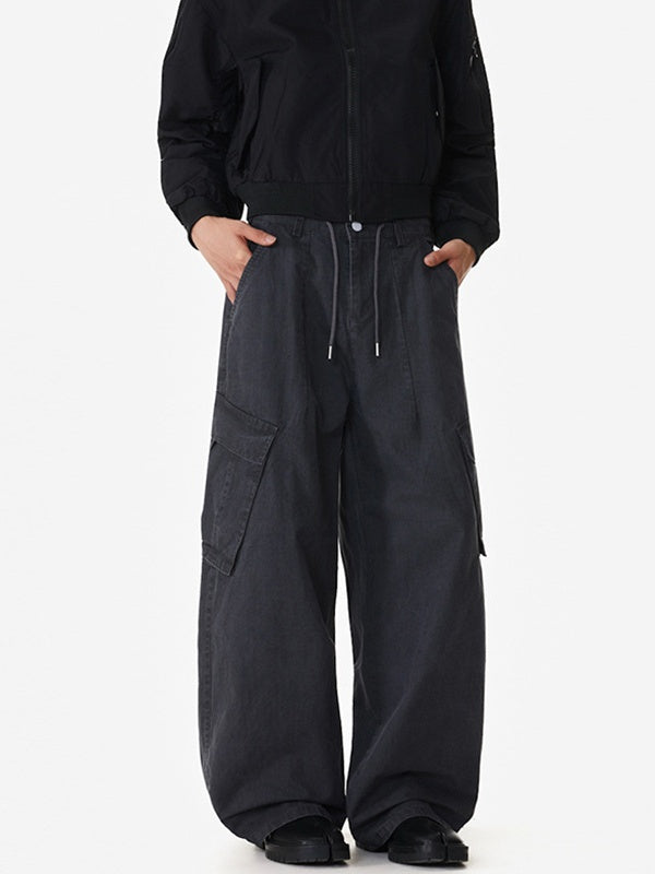 Dark Checkered Pattern Multiple Pockets Straight-leg Wide-leg Drawstring Overalls