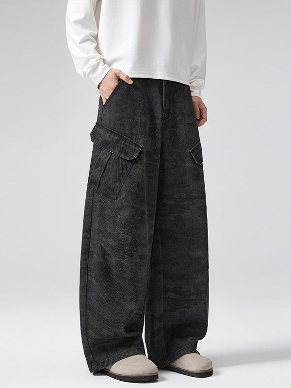 Retro Worn Out Machete Camouflage Multiple Pockets Pleated Cargo Trousers