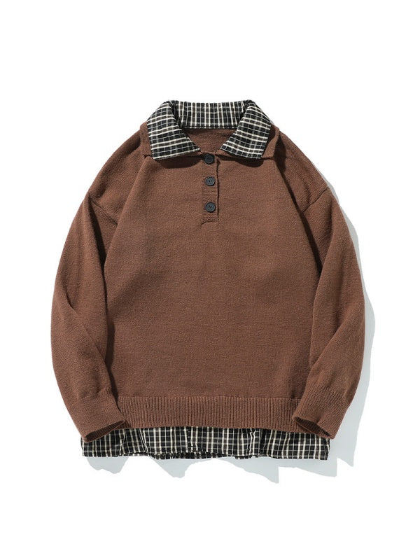 Retro Contrasting Colors Plaid Fake Two Pieces Splicing Sweater