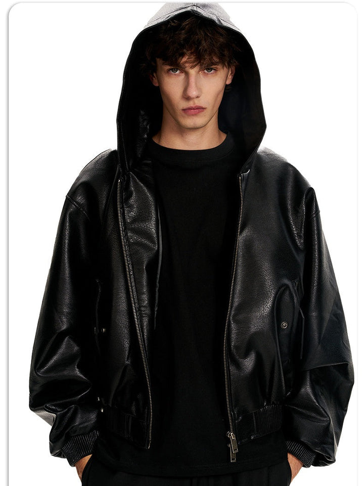 Hooded Short And Wide Black Relief Pattern Locomotive PU Jackets