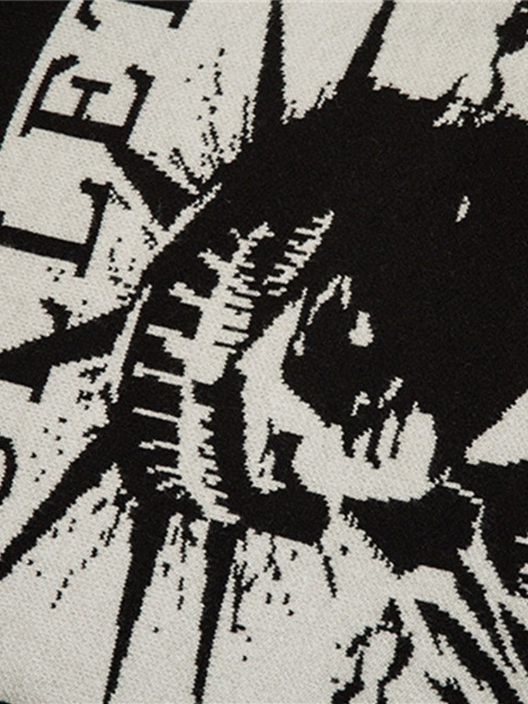 Retro Character Pattern Loose And Casual Destroyed Sweater