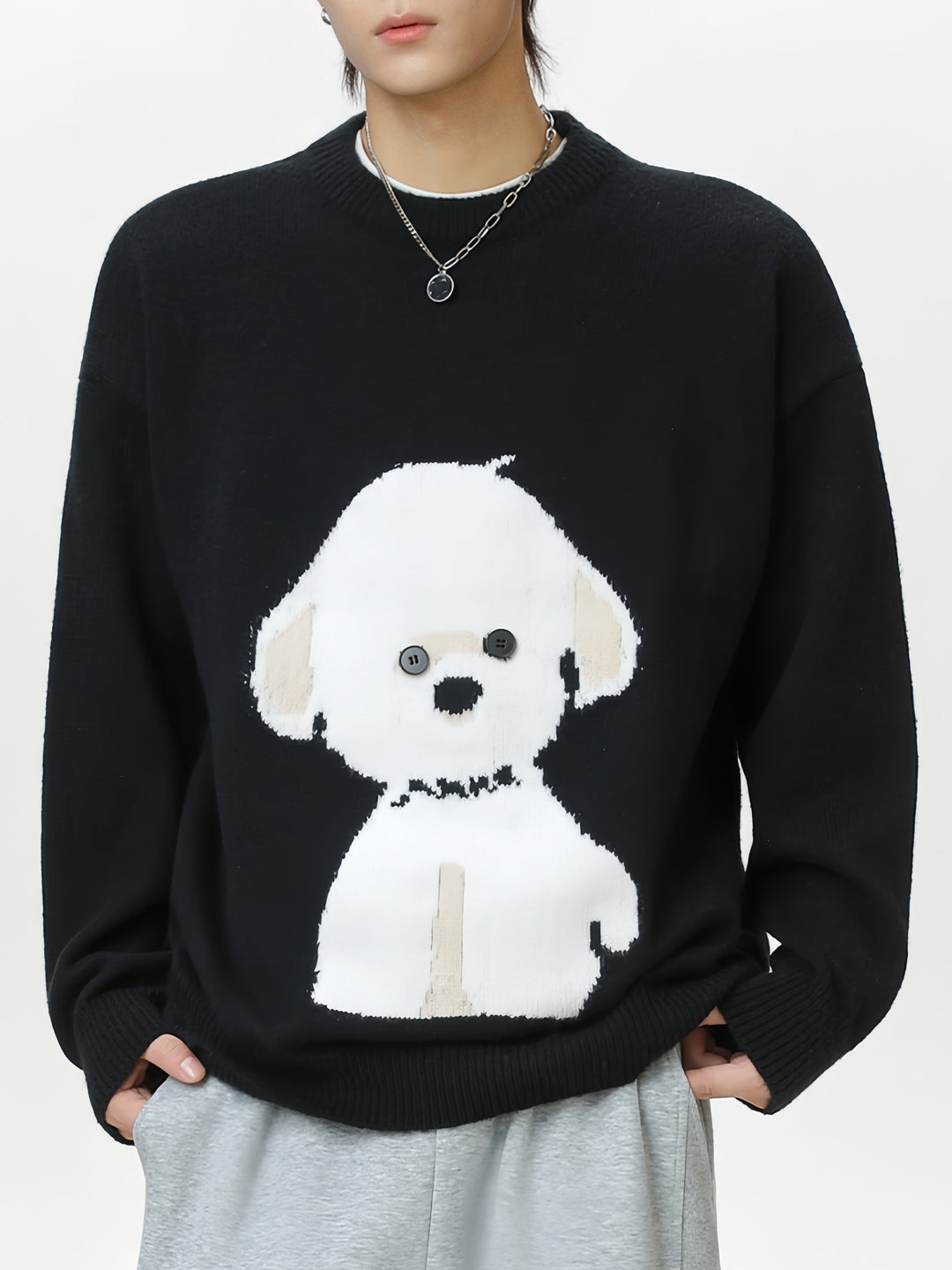 Cartoon Puppy Texture Keep Warm Crew Neck Sweater