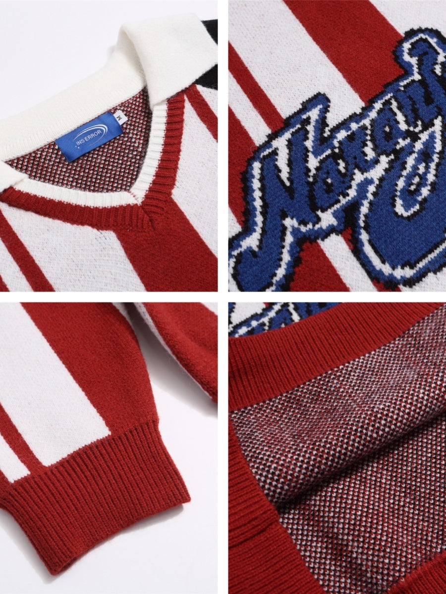 Christmas Retro Contrasting Letters Jacquard Small Lapel Pullover Sweater