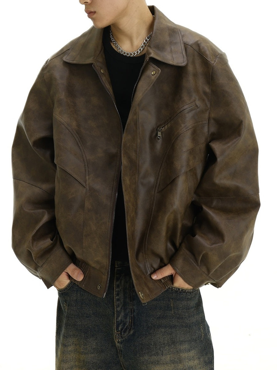 Brown Distressed Lapel Leather Jacket Jackets