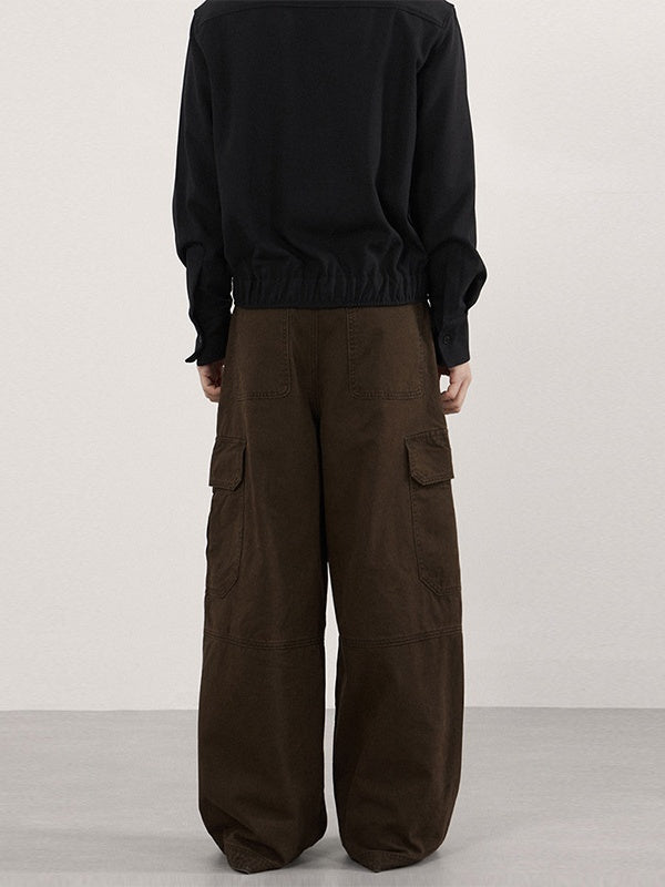 Retro Vintage Multiple Pockets Splicing Pleated Wide-leg Cargo Trousers