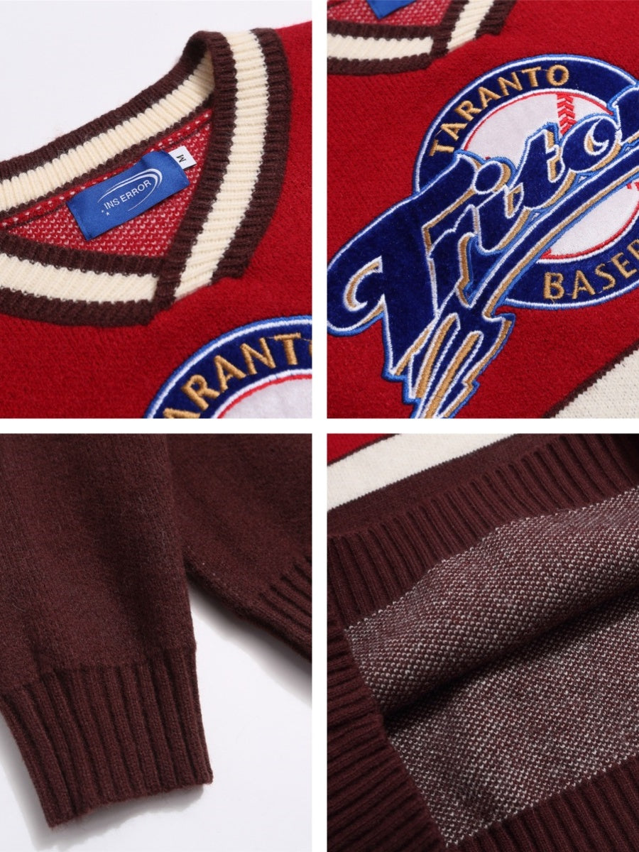 Christmas Retro Color Matching Letter Embroidery V-neck Sweater