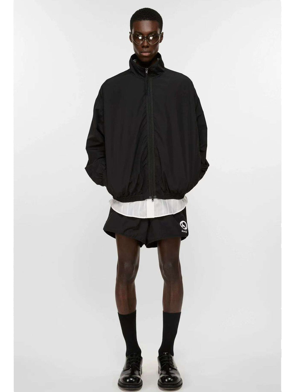 AC Letter Embroidery Stand Collar Zipper Double Layer Loose Jacket