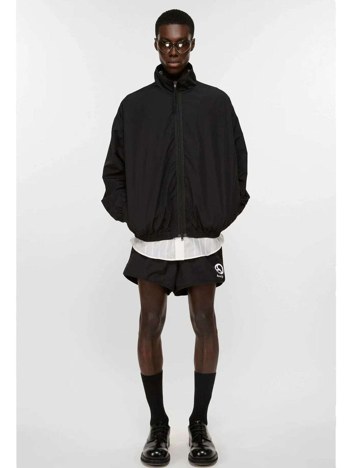 AC Letter Embroidery Stand Collar Zipper Double Layer Loose Jacket