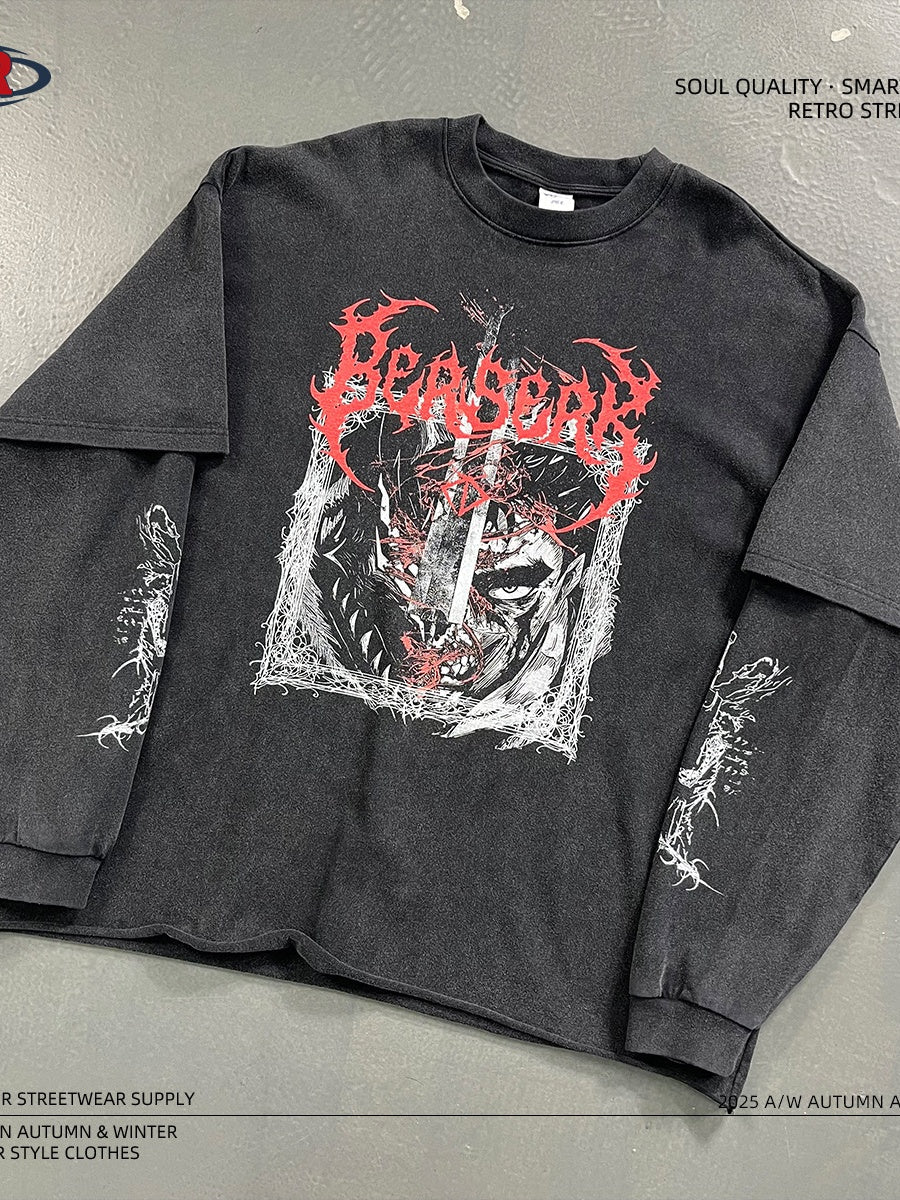 Dark Aesthetics Fake Two-piece Splicing Digital Direct Printing Long-sleeved T-shirt