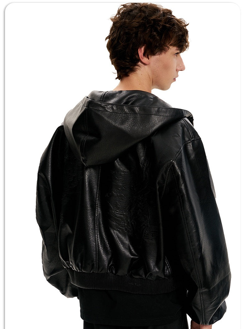 Hooded Short And Wide Black Relief Pattern Locomotive PU Jackets