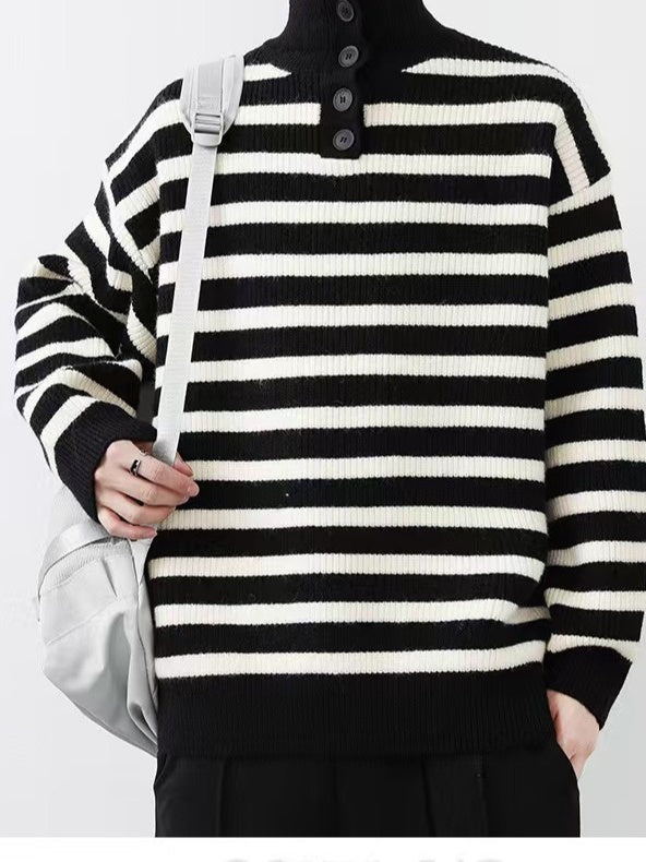 Contrasting Colors Stripes Thickening Red Turtleneck Sweater