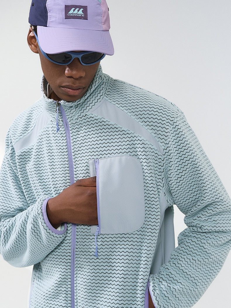 Wave Pattern Contrasting Colors Zipper Light Outdoor Plush Sweatshirt Sports Jacket