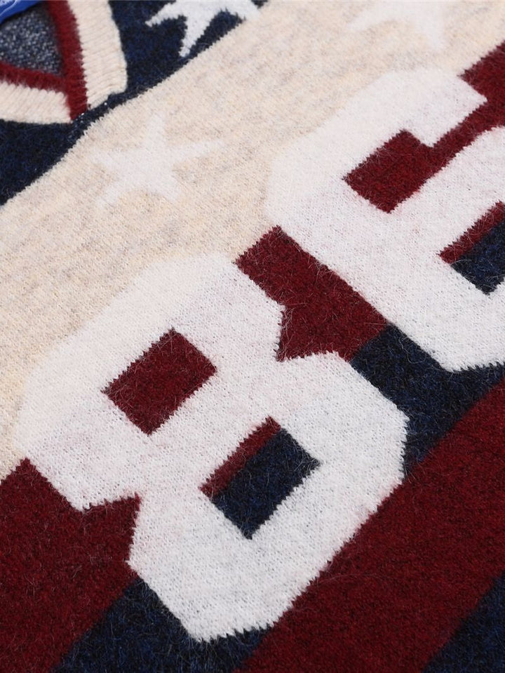 Christmas Retro Contrasting Colors Stripes Star Numbers Jacquard Lapel Sweater