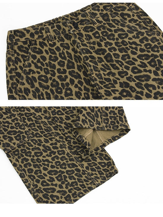 Baggy Deconstruction Design Multiple Pockets Leopard Straight Cargo Trousers