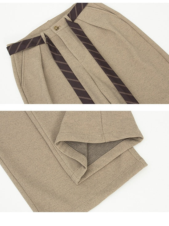 Contrasting Colors Tie Woolen Cloth Loose Pleated Baggy Pants