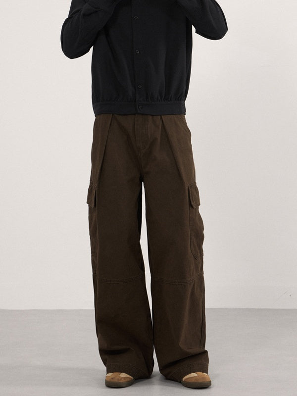 Retro Vintage Multiple Pockets Splicing Pleated Wide-leg Cargo Trousers