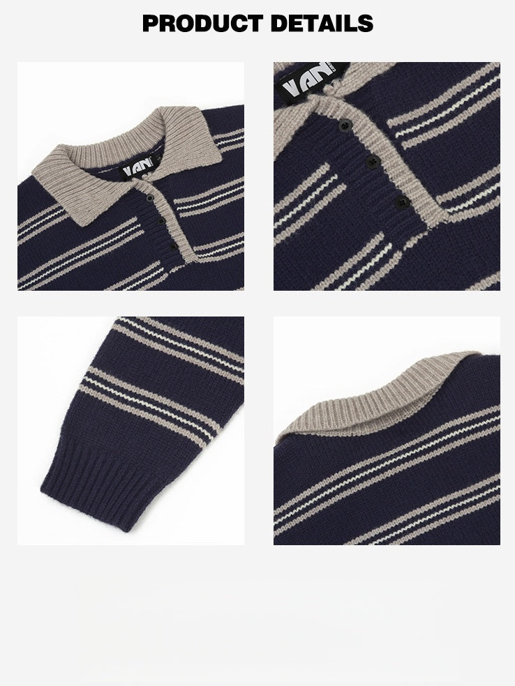 Stripes Contrasting Colors Polo Collar Loose Sweaters