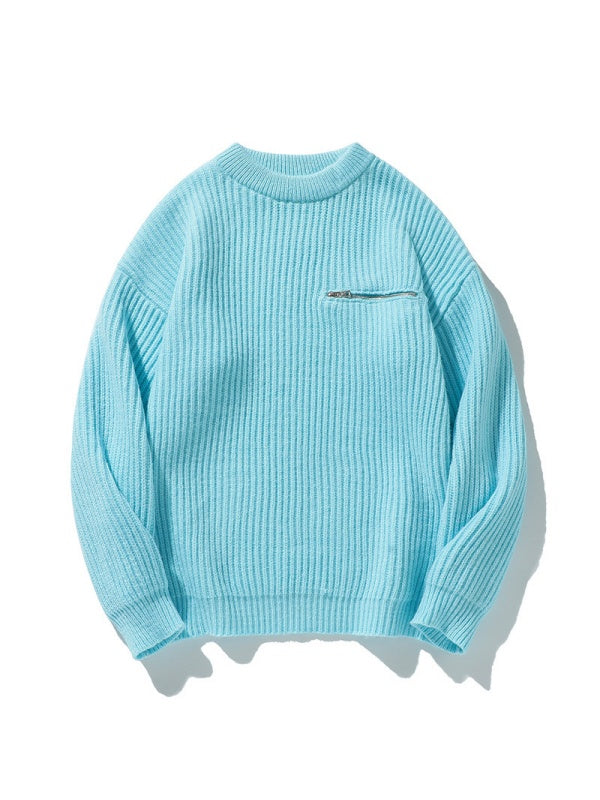 Zippered Pockets Thickening Crew Neck Sweater