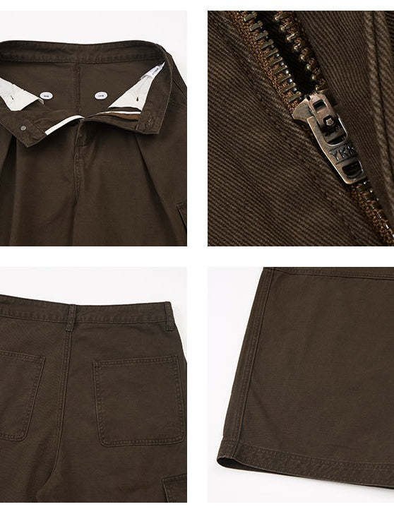 Retro Vintage Multiple Pockets Splicing Pleated Wide-leg Cargo Trousers