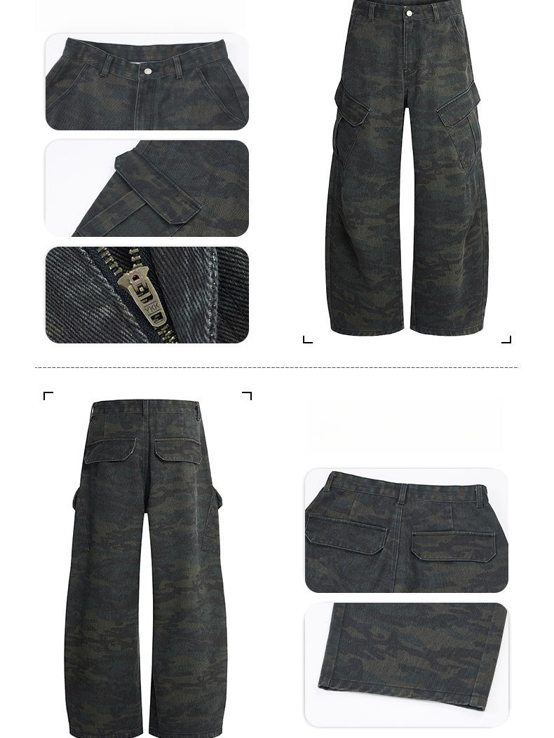 Retro Worn Out Machete Camouflage Multiple Pockets Pleated Cargo Trousers