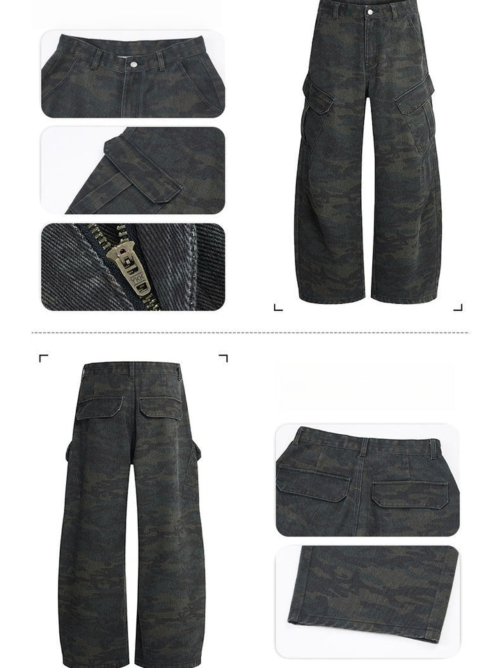 Retro Worn Out Machete Camouflage Multiple Pockets Pleated Cargo Trousers