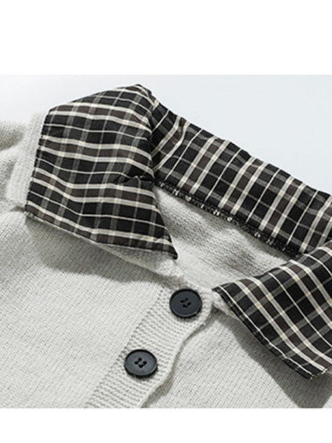 Retro Contrasting Colors Plaid Fake Two Pieces Splicing Sweater