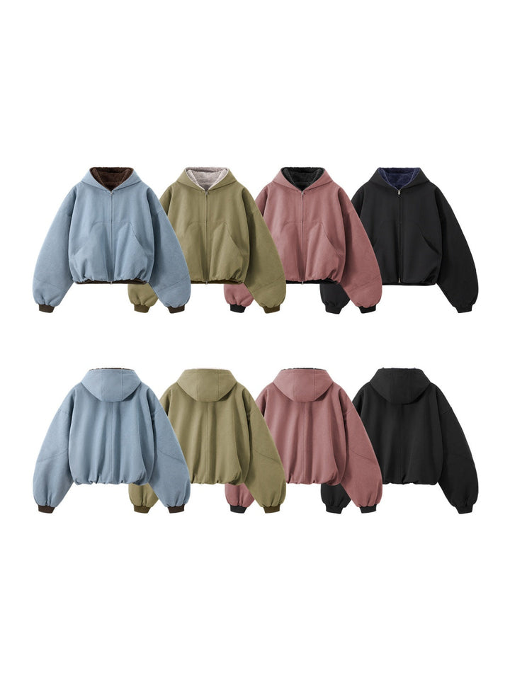 Plush Colorblock Hooded Zipper Jacket