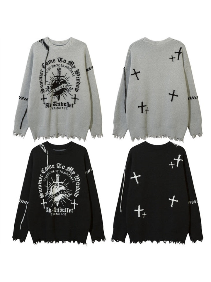 Dark Cross Jacquard Contrasting Colors Sutures Cut Destroy Sweater