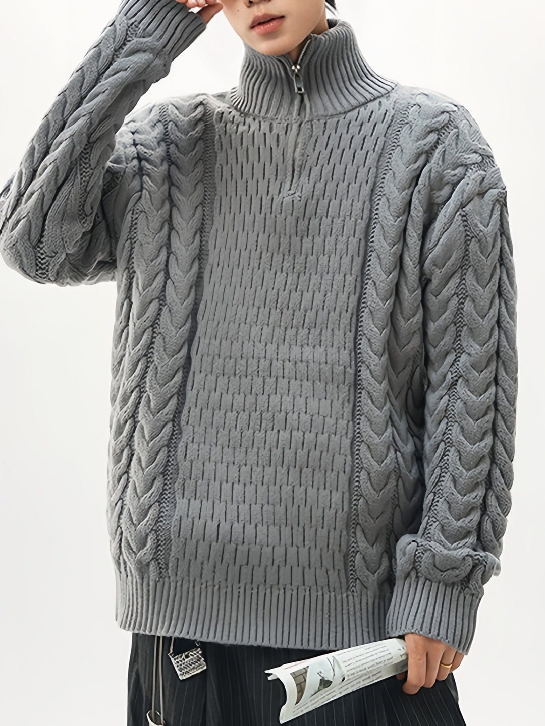 Coarse-pitted Fried Dough Twist Half Zipper Loose Hood Old Money Style Sweater