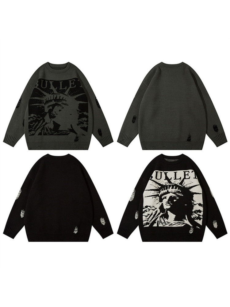 Retro Character Pattern Loose And Casual Destroyed Sweater
