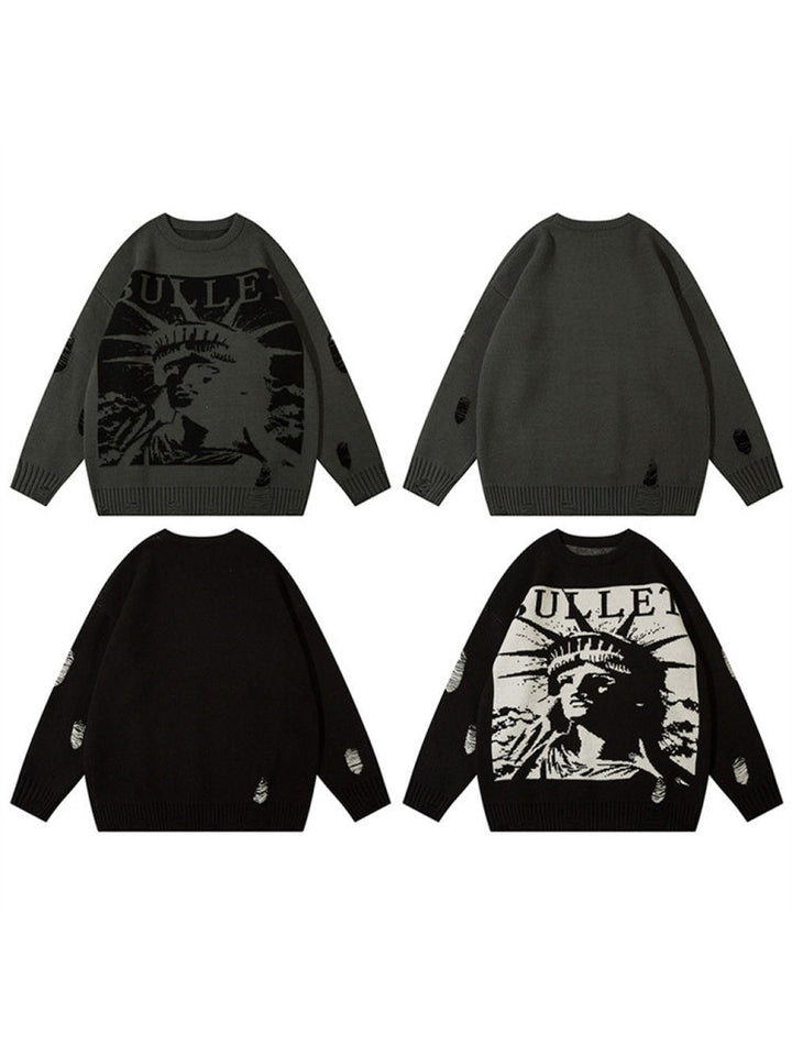 Retro Character Pattern Loose And Casual Destroyed Sweater