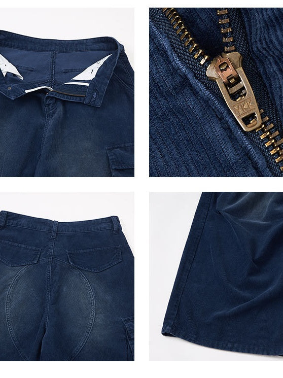 Retro Washing Corduroy Leisure Pleated Multiple Pockets Cargo Trousers