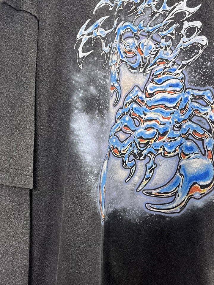 Scorpion Printed Street Fake Two Pieces Spliced Sleeves Washing And Aging Long-sleeved T-shirt