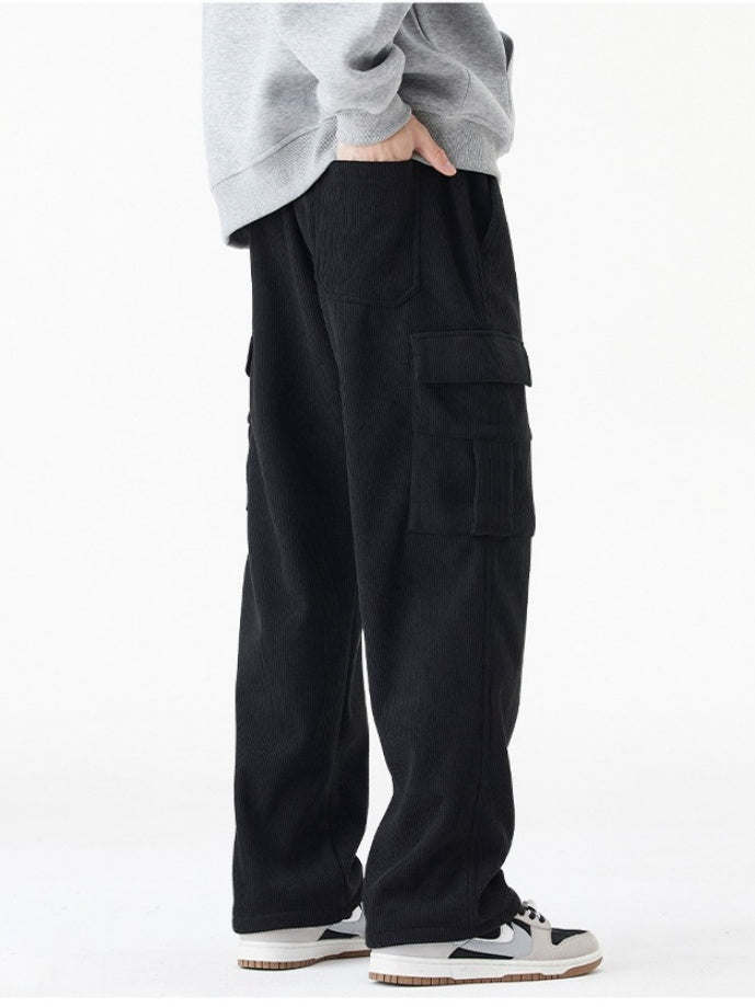 Corduroy Plush Loose Wide-leg Straight Cargo Trousers