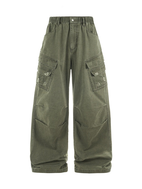Washing Water Cut Multiple Pockets Old Tooling Casual Trousers