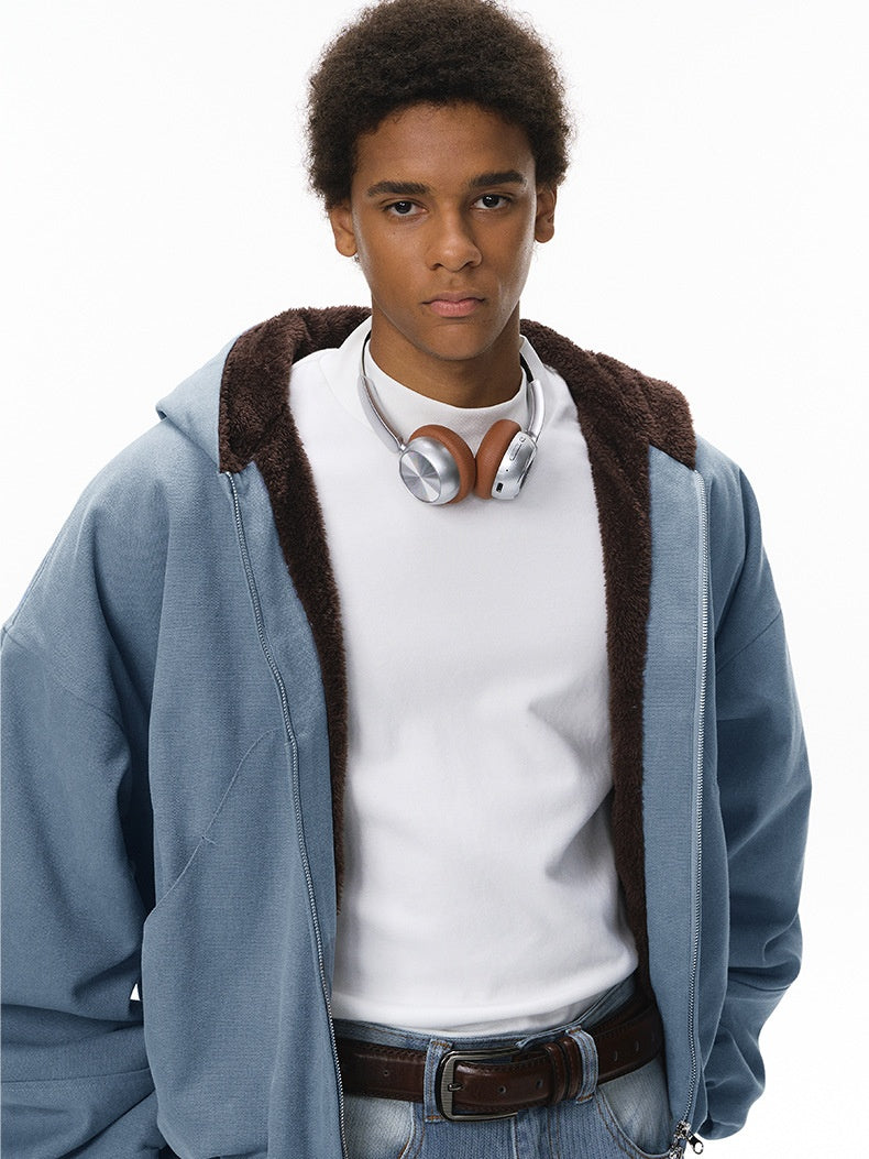 Plush Colorblock Hooded Zipper Jacket