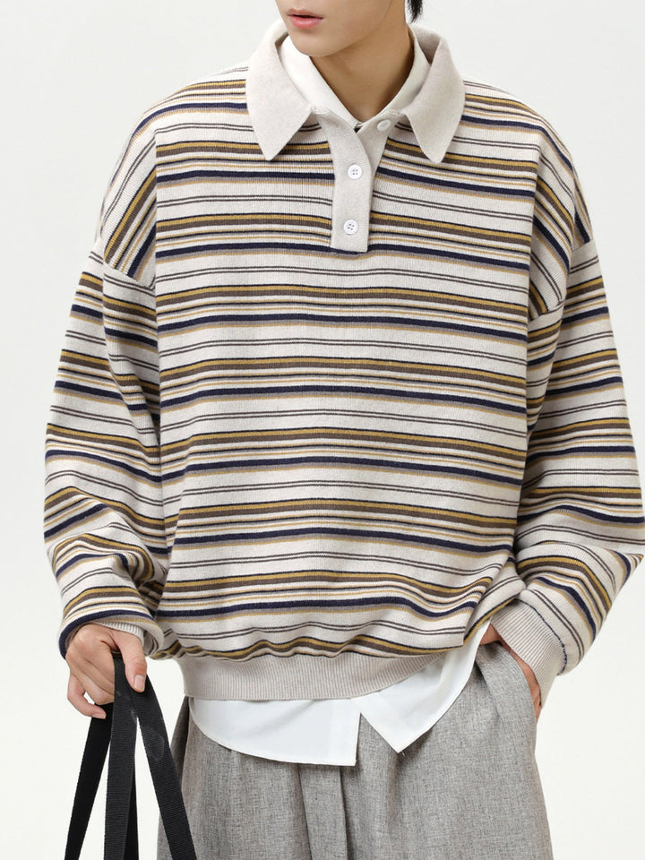 Retro Contrasting colors Stripes Lapel sweater