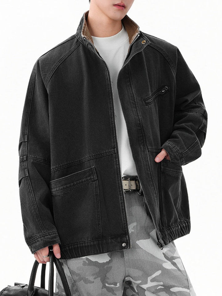 Retro Washing Stand Collar Zipper Workwear Denim Jacket
