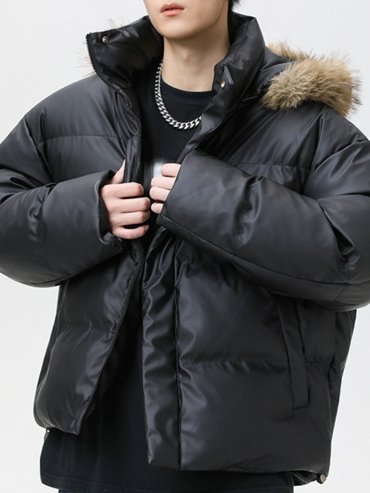 Thickening PU Leather Keep Warm Short Hooded Cotton-padded Clothes Parker Coat