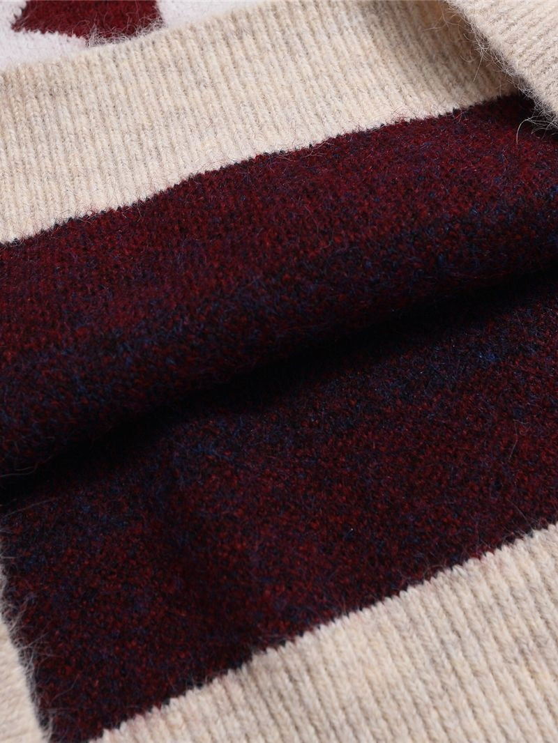 Christmas Retro Contrasting Colors Stripes Star Numbers Jacquard Lapel Sweater