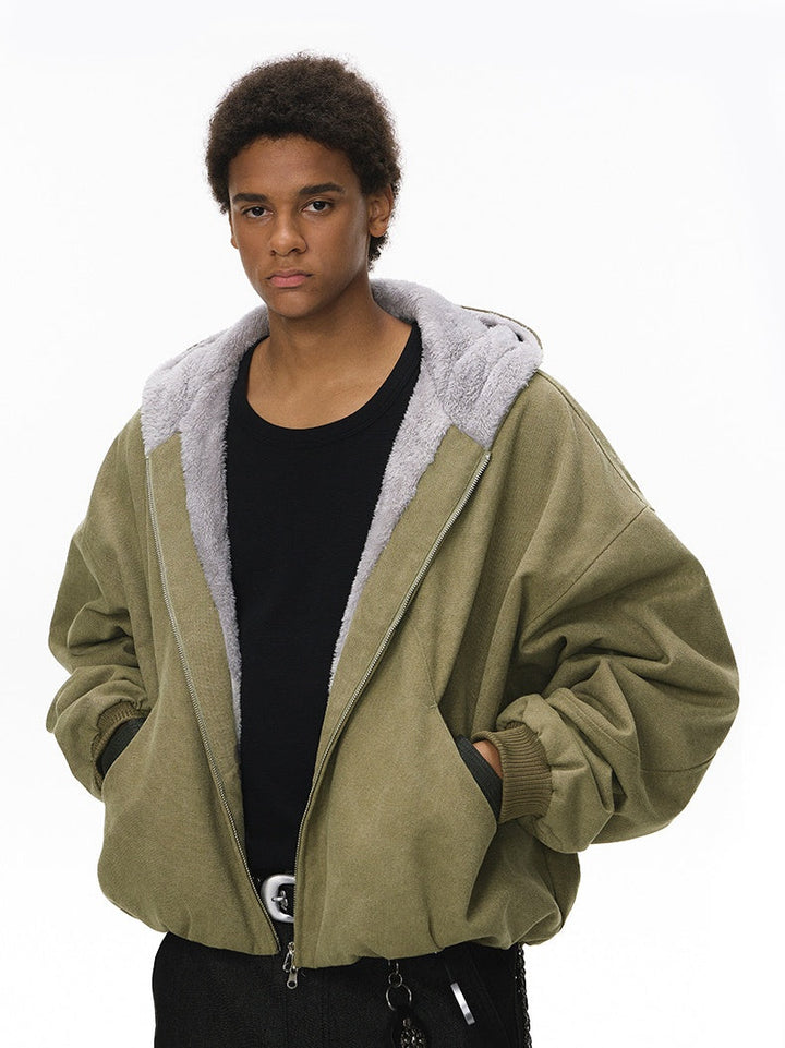 Plush Colorblock Hooded Zipper Jacket