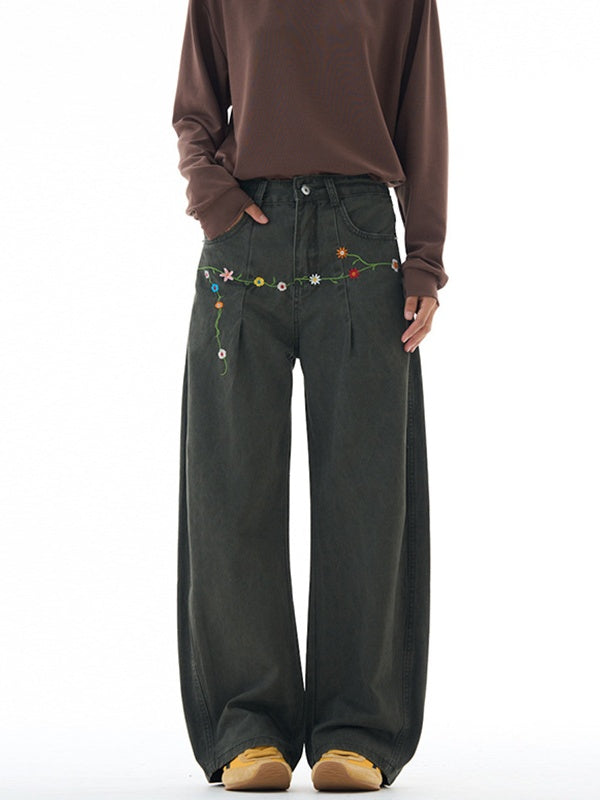 Floral Embroidery Vintage Design Machete Casual Wide-leg Pants