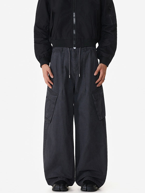 Dark Checkered Pattern Multiple Pockets Straight-leg Wide-leg Drawstring Overalls