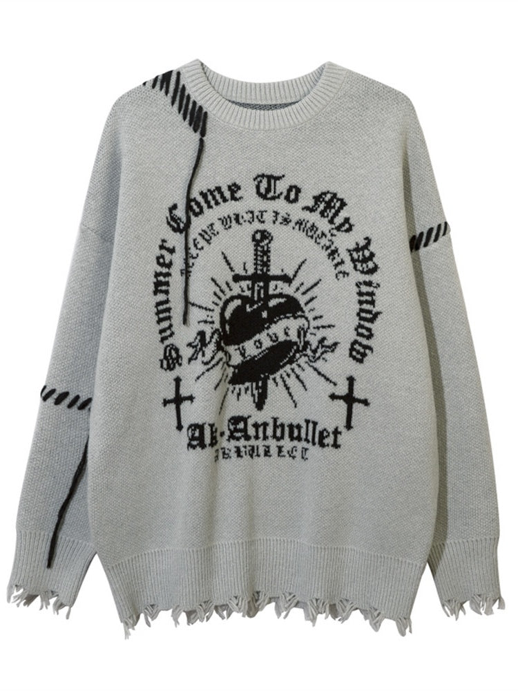 Dark Cross Jacquard Contrasting Colors Sutures Cut Destroy Sweater