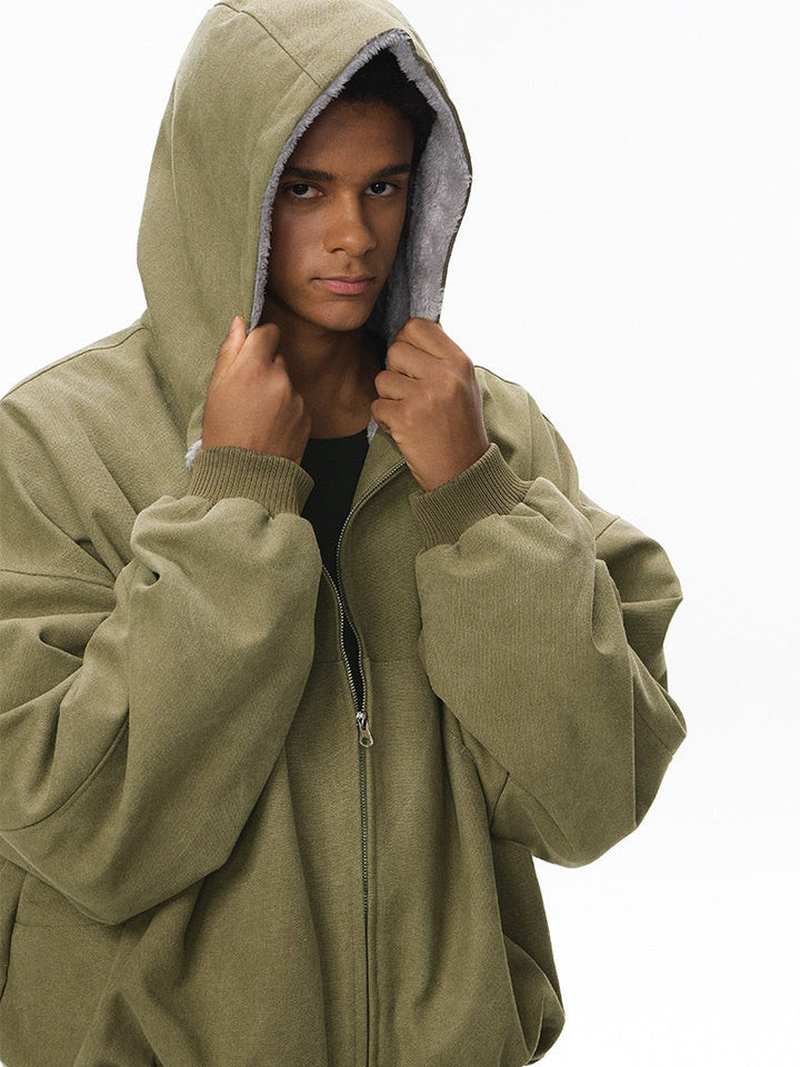 Plush Colorblock Hooded Zipper Jacket