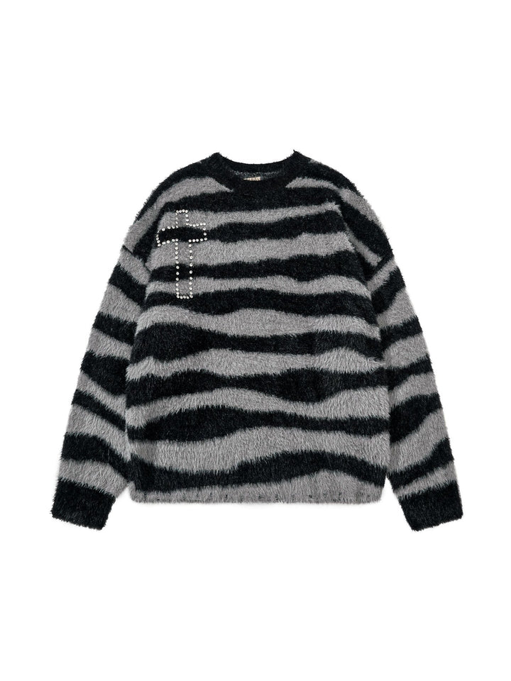 Stripes Hot Diamond Cross Imitation Mohair Sweater